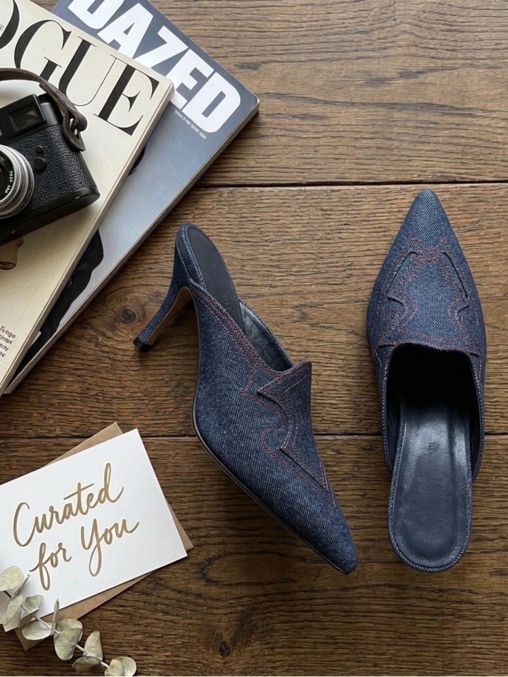 Mystique Boutique Denim Mules with Red Accents